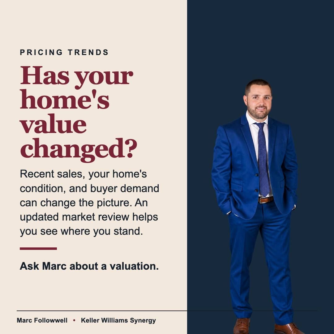 Real Estate pricing trends graphic with a portrait and helpful market copy